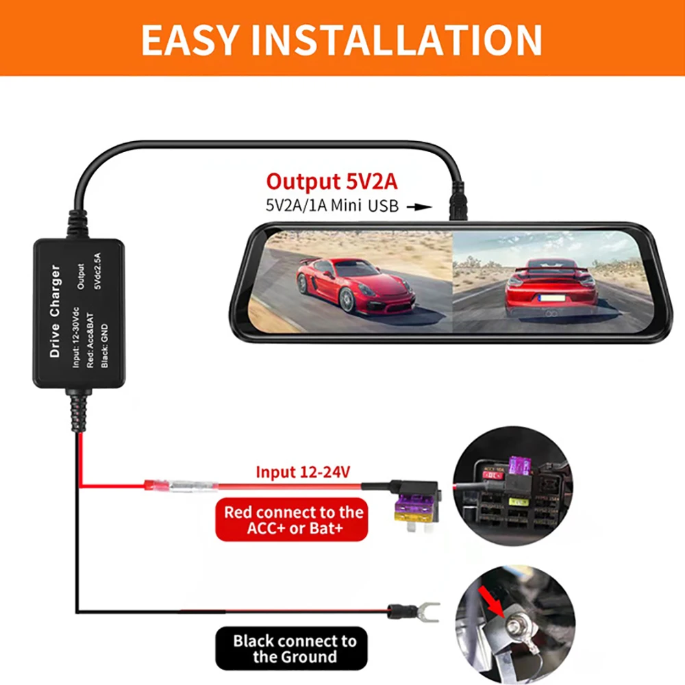 대시 캠 하드 와이어 키트 마이크로 Type-C USB 포트 DC 12/24V  5V 차량용 충전기 2A 24H 주차 모니터 DVRS GPS 레코더 용 벅 라인