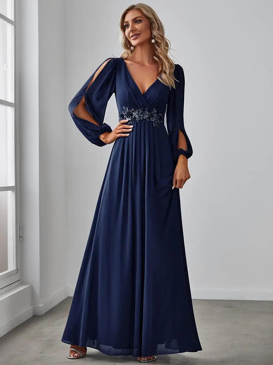 Elegant Evening Dresses Long A-LINE Long Sleeves V-neck Floor