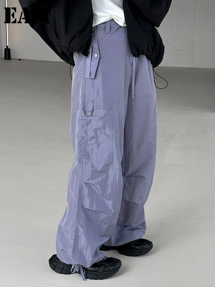

[EAM] High Waist Blue Glossy Pocket Long Wide Leg Pants New Loose Fit Trousers Women Fashion Tide Spring Autumn 2024 1DH0642