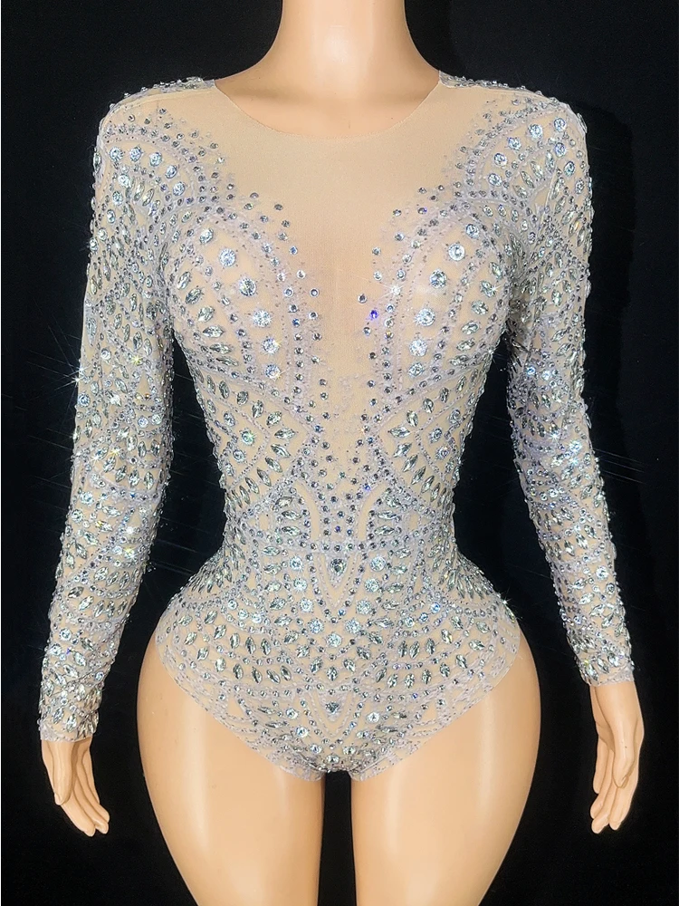 Sparkly Rhinestones Long Sleeve Mesh Transparent Bodysuit