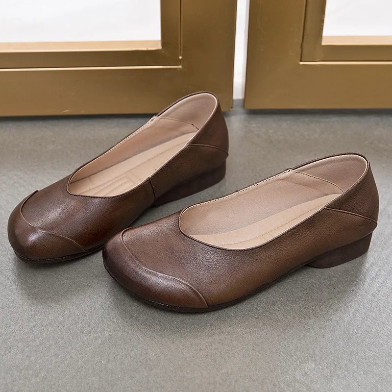 WOIZGIC Women Mother Female Ladies Genuine Leather Shoes Flats Loafers Non Slip On Retro Ballerina National Moccasins Round Toe 4