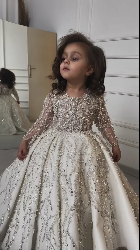 BABYONLINE Customized Puffy Dress Pearl Beaded Long Sleeve