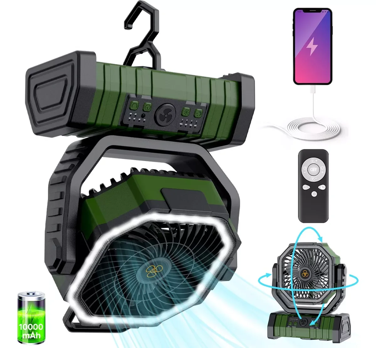 Ventilador de camping con pilas con linterna LED de 10000 mAh, ventilador portátil recargable, ventilador oscilante con gancho de rotación de 360° para tiendas de campaña, ventilador de