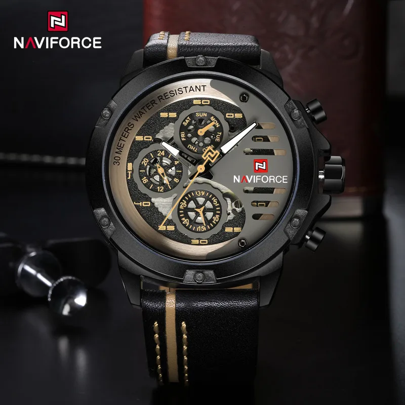 

NAVIFORCE New Top Luxury Brand Mens Watches Waterproof 24 hour Clock Date Quartz Watch Man Sport Leather Wrist Watch Men