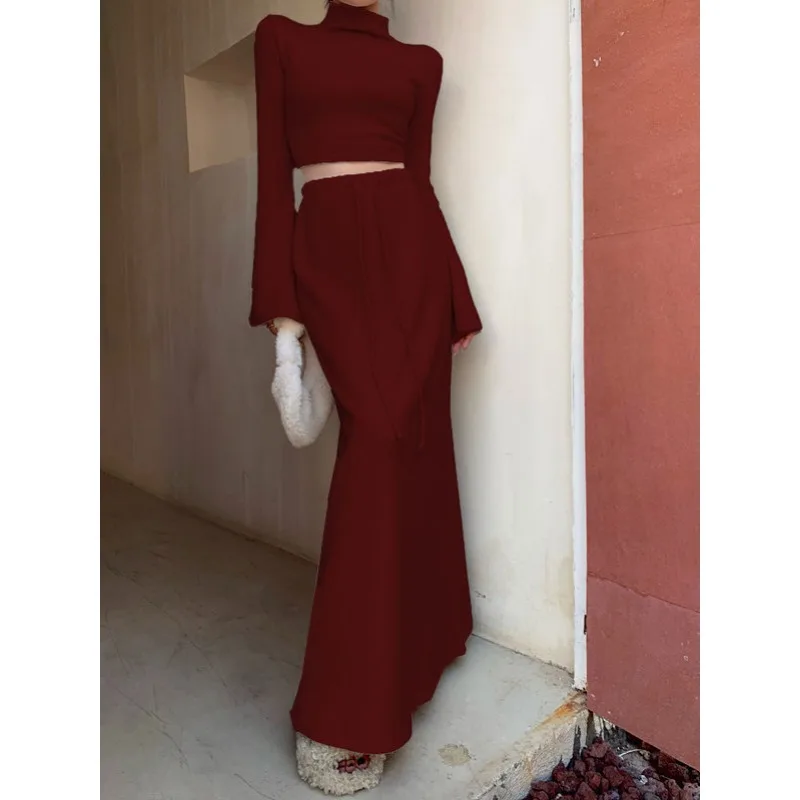 جديد ربيع شتاء شيك الياقة المدورة المحاصيل الأعلى وتنورة المرأة قطعتين مجموعة 2024 الأساسية فستان طويل دعوى 2 قطعة ملابس امرأة