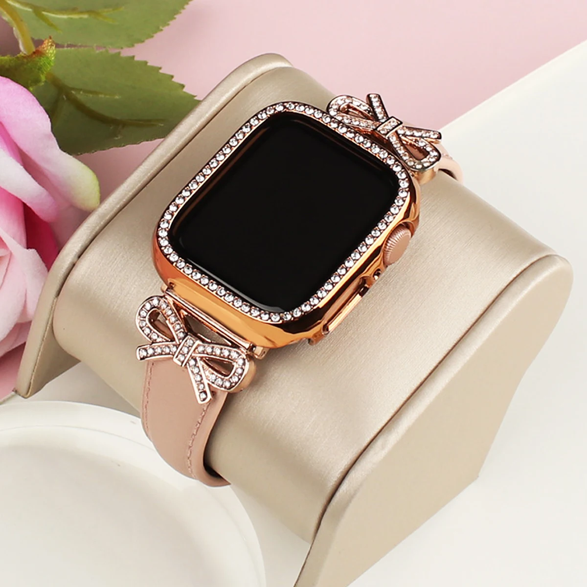 Elegant Bow Strap with Diamond Case for Women's Smartwatch Accessories