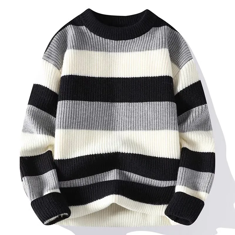 Men's Striped Sweater O-Neck Casual Knit Pullovers Fashion Long Sleeve Knitted Sweater Men Autumn Winter Warm Y2K Knitwear Tops 4