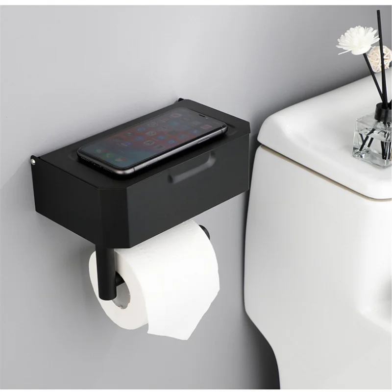 Self Adhesive Bathroom Black Toilet Paper Holder with Phone Shelf