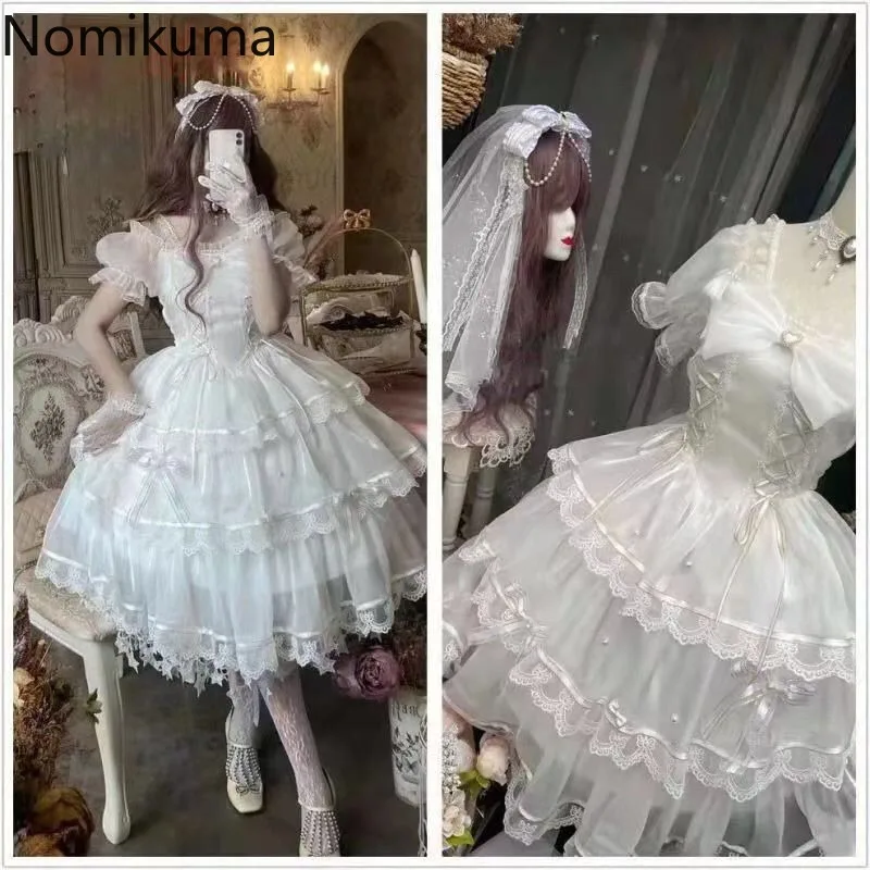 Lolita Style Cute White Woman Dress 2025 Vestidos De Mujer Slash Neck Puff Sleeve Tunic Sweet Summer Dresses Bow Lace Robe Femme 6