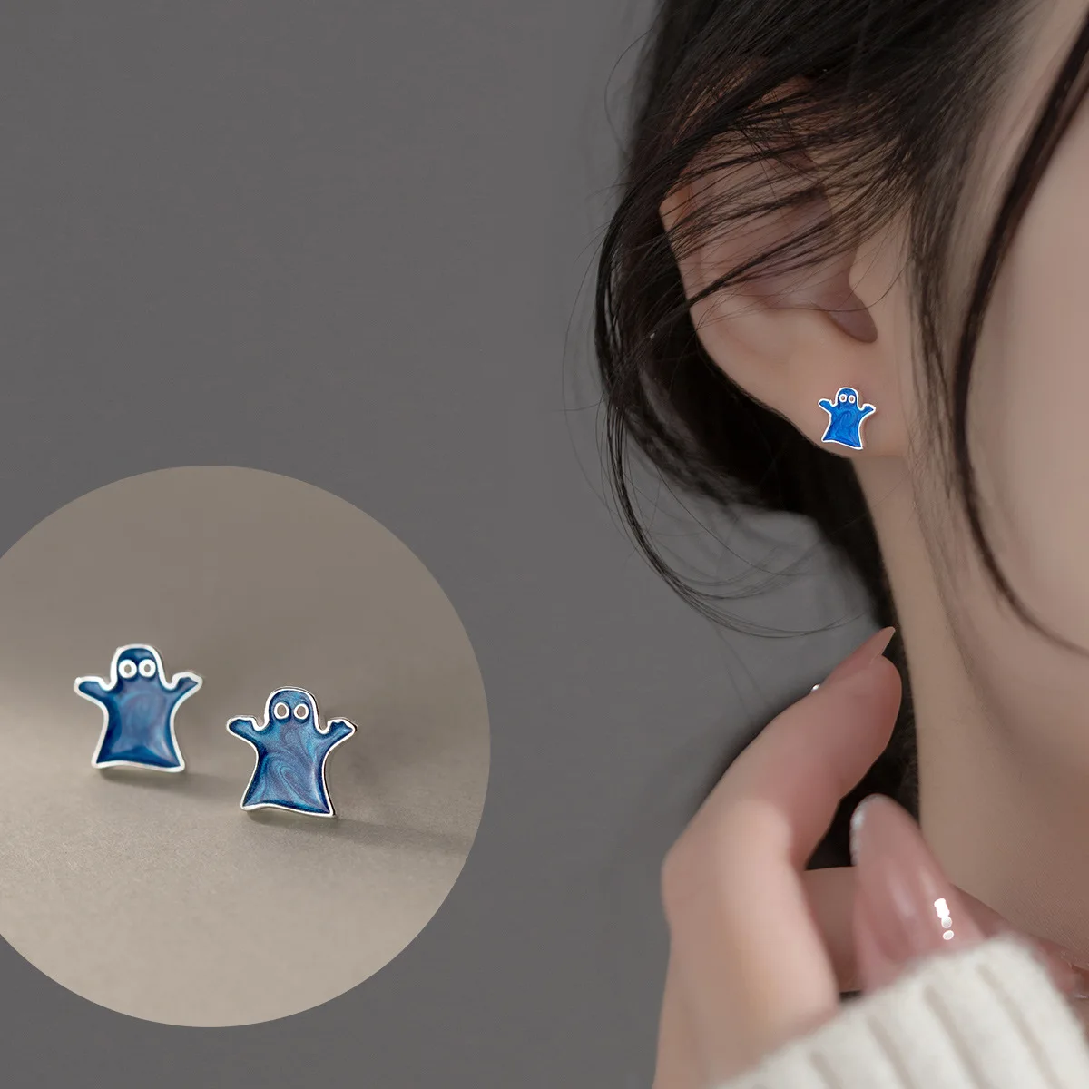 

Genuine 925 Sterling Silver Cute Blue Ghost Stud Earrings for Women Girls Hypoallergenic Jewelry Gifts