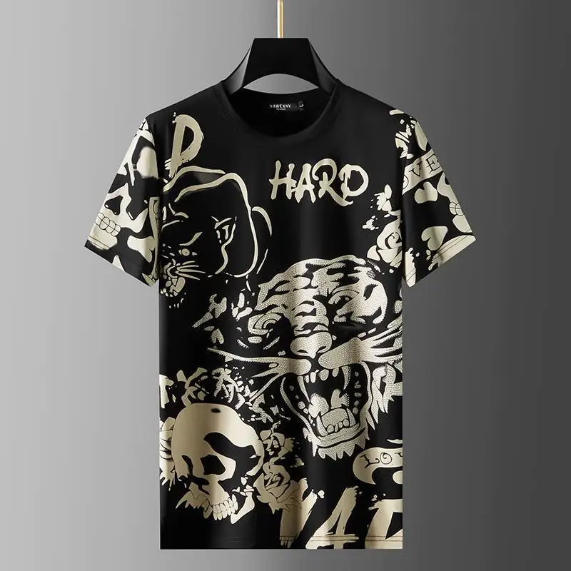 

European Luxury Style Personality Trend Tiger Head Short Sleeve T-shirt Men's Fashion Graffiti Top Men's Half Sleeve