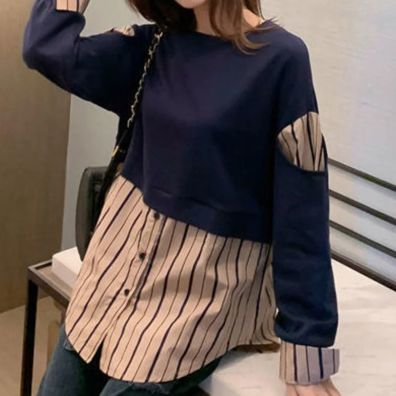Loose All-match Striped Patchwork Sweatshirts Spring Autumn Women's Clothing Fashion Two Piece Set Casual Long Sleeve Pullovers