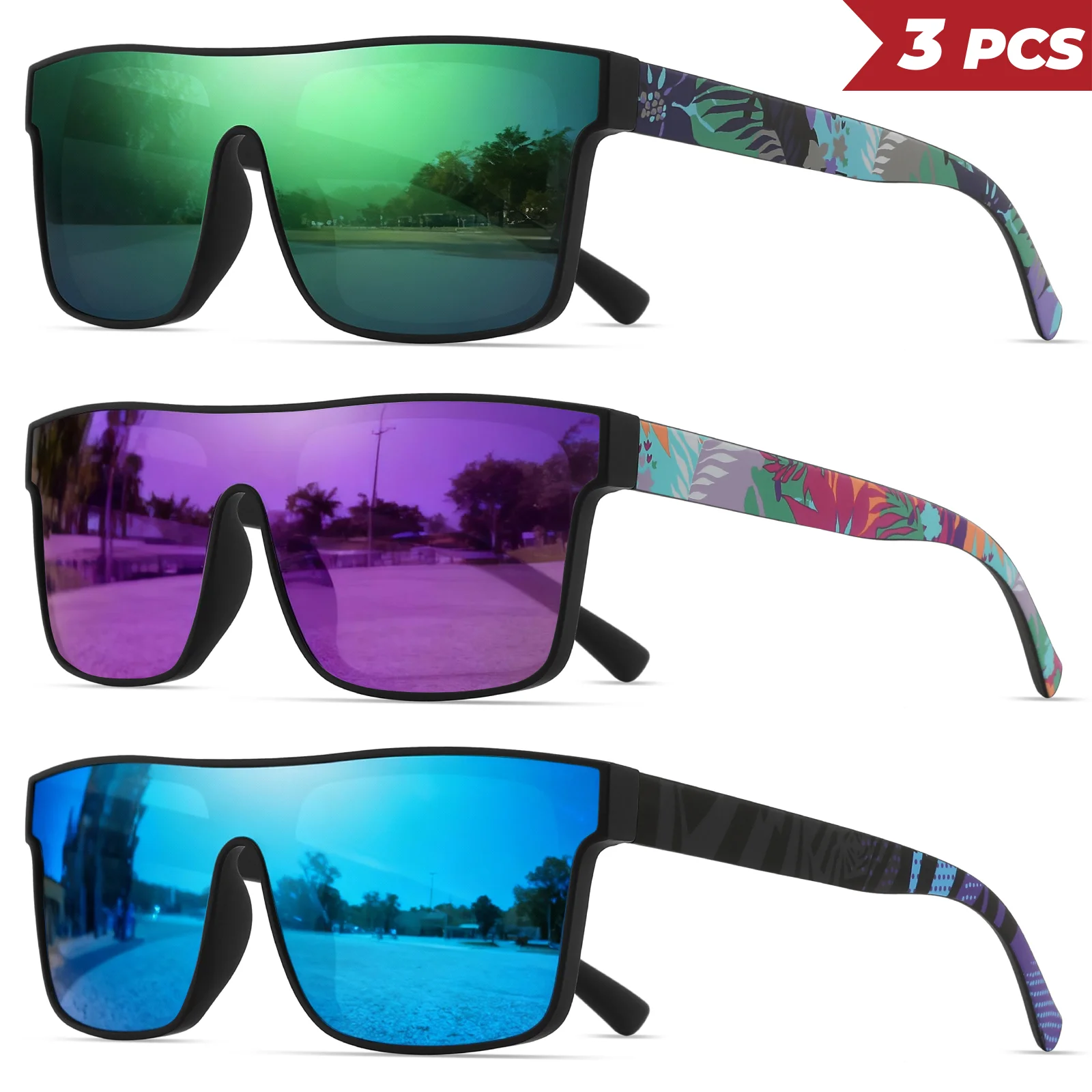 3 Stück klassische quadratische modische Sport-Sonnenbrille – gemusterte Bügel, Unisex für Radfahren, Wandern, Reisen – perfektes Geschenk – Detail 10