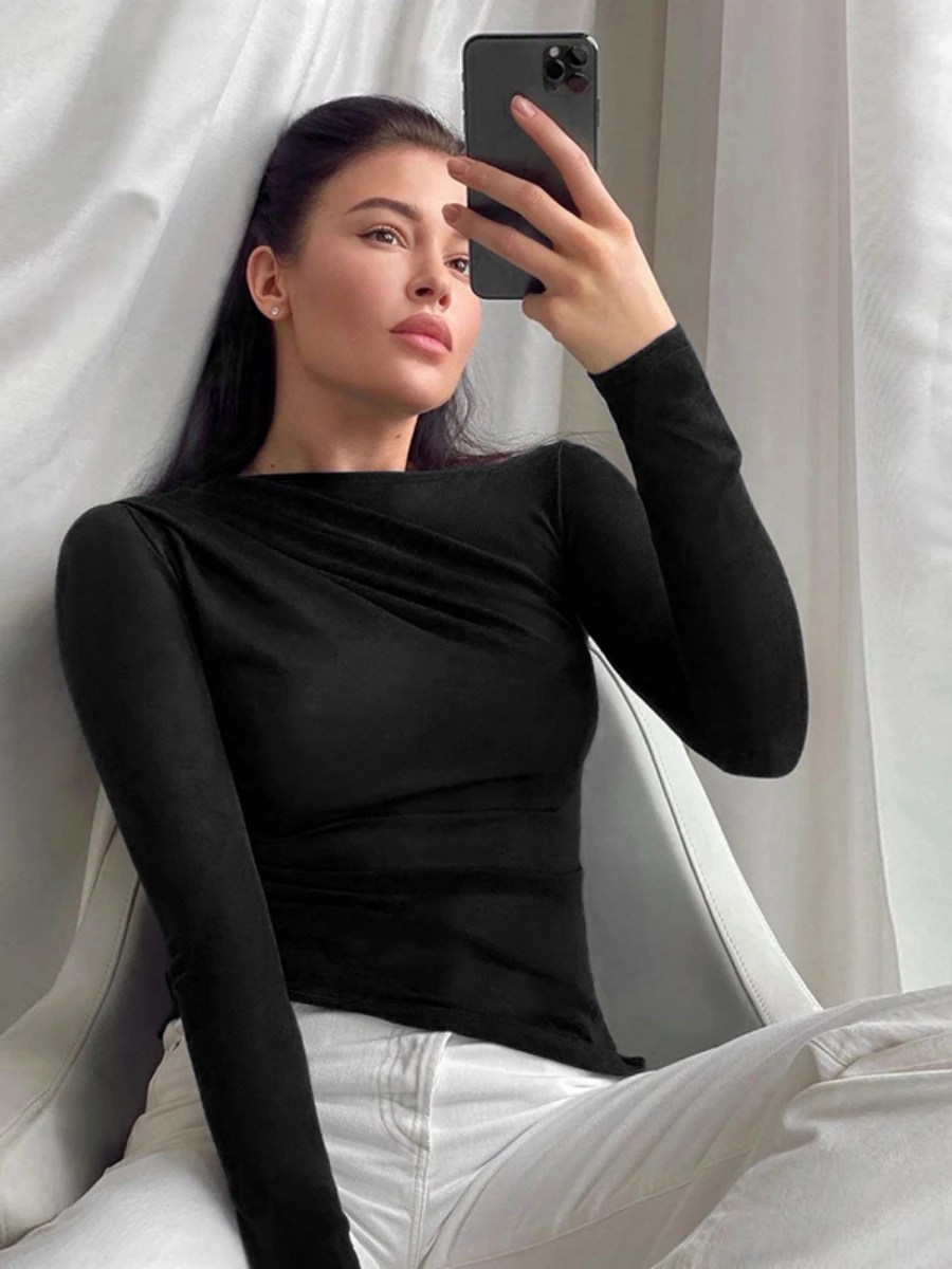 Bornladies Basic Slim Fit T-shirt Women's Versatile O-Neck Pleated Long Sleeved Base Shirt  Fashionable Ladies Solid Color Top