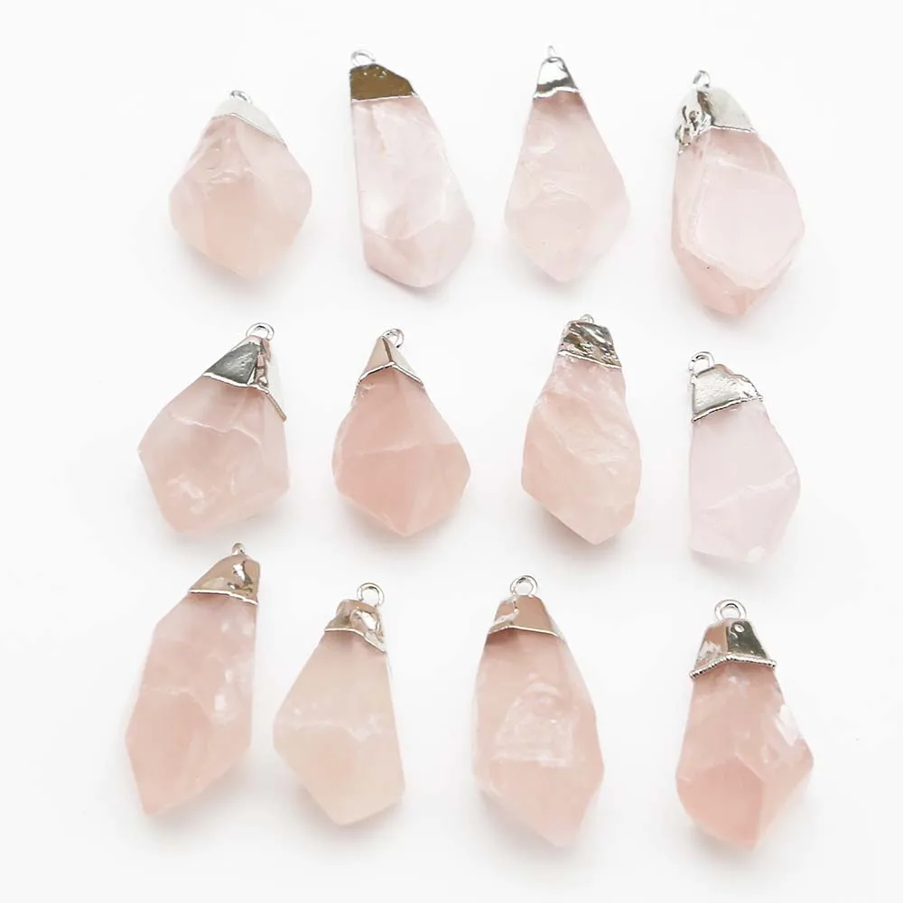 Natural Stone Irregular Rose Quartz Silver Plated Pendant Mineral Healing Unisex Charms Jewelry Accessories Gift Wholesale 12Pcs