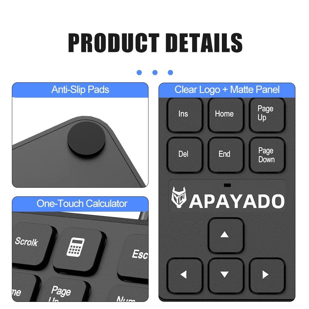 Apayado 유선 멤브레인 숫자 키패드 USB 초박형 무음 미니 숫자 패드 노트북 데스크탑 O용 원키 퀵 계산기 실행