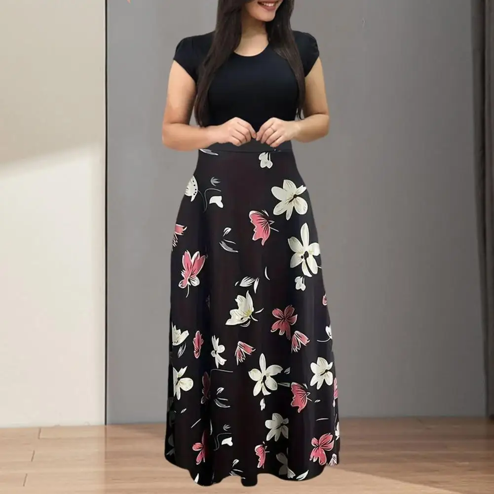 

Loose Fit Printed Dress Floral Print Maxi Dress with Short Sleeves A-line Silhouette for Summer Events Travel Floral Print Dress