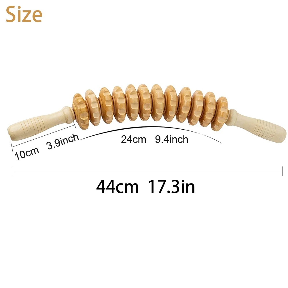 Curved 12-Wheel Wood Therapy Roller Stick for Lymphatic Drainage and Massage