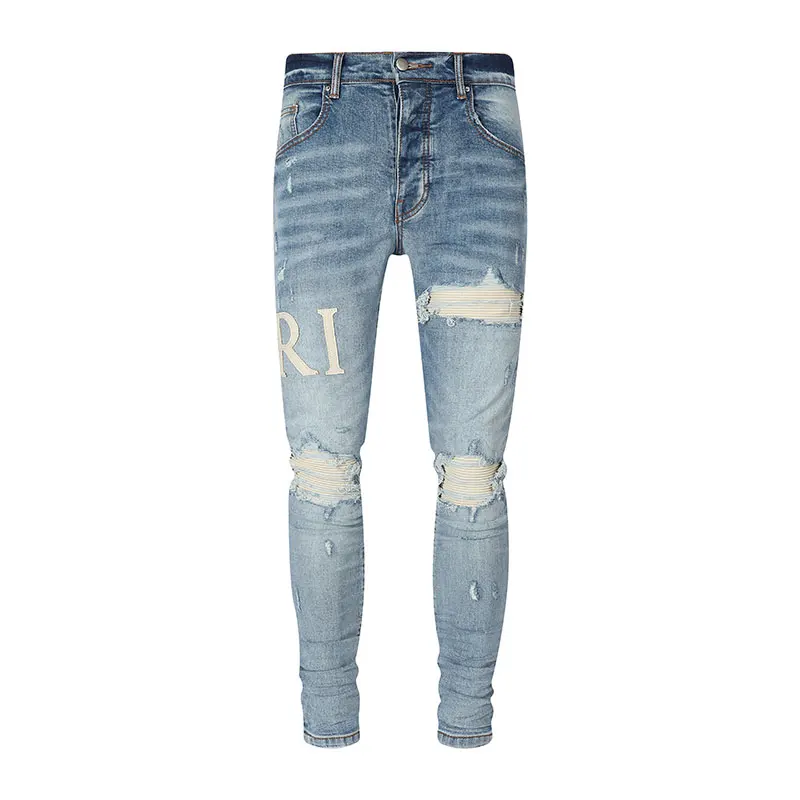 

Latest Street Fashion Men's Jeans Vintage Washed Blue Elastic Slim Fit Split Jeans Yellow Patch Designer Hip Hop High Quality Pa