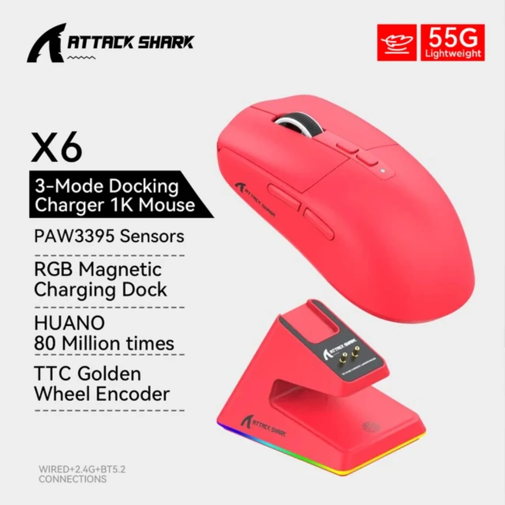 Attack Shark x6 wireless Mouse PixArt PAW3395 26000DPI 1KHZ RGB Touch Magnetic Charging Base Macro Gaming Mouse pad PC laptop