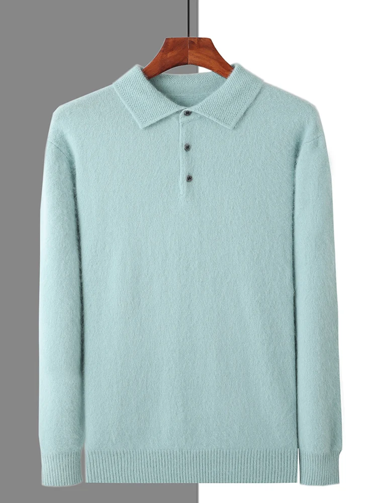 100% Mink Cashmere Jacket Men's POLO Collar Pullover 2024 Spring Autumn New Knitted Tops Casual Loose Large Size Men's Shirts 5