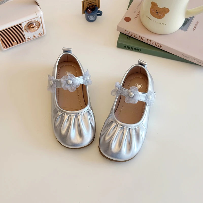Spring Autumn Little Girls Leather Shoes Princess Fashion Kids Causal Shoes Pleated Lace Children Wedding Party Flat