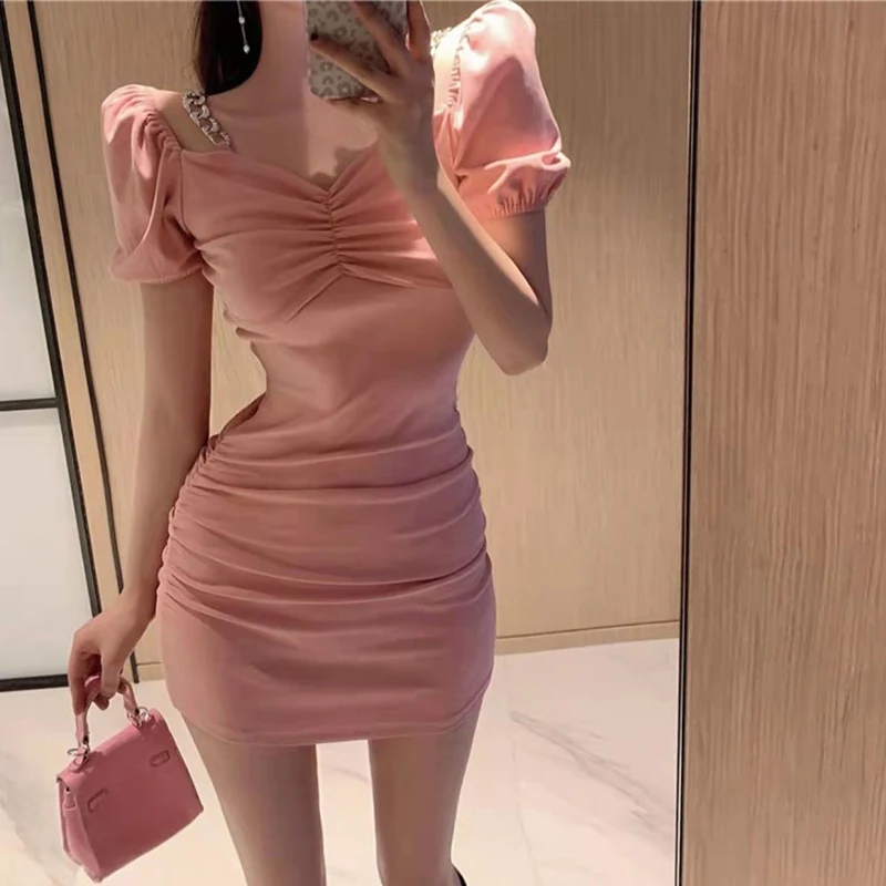 2022 Summer Nightclub Fashion Solid Sexy Off Shoulder Chain Slip Bodycon Dresses Women Puff Sleeve Elegant Pleated Dress Vestido