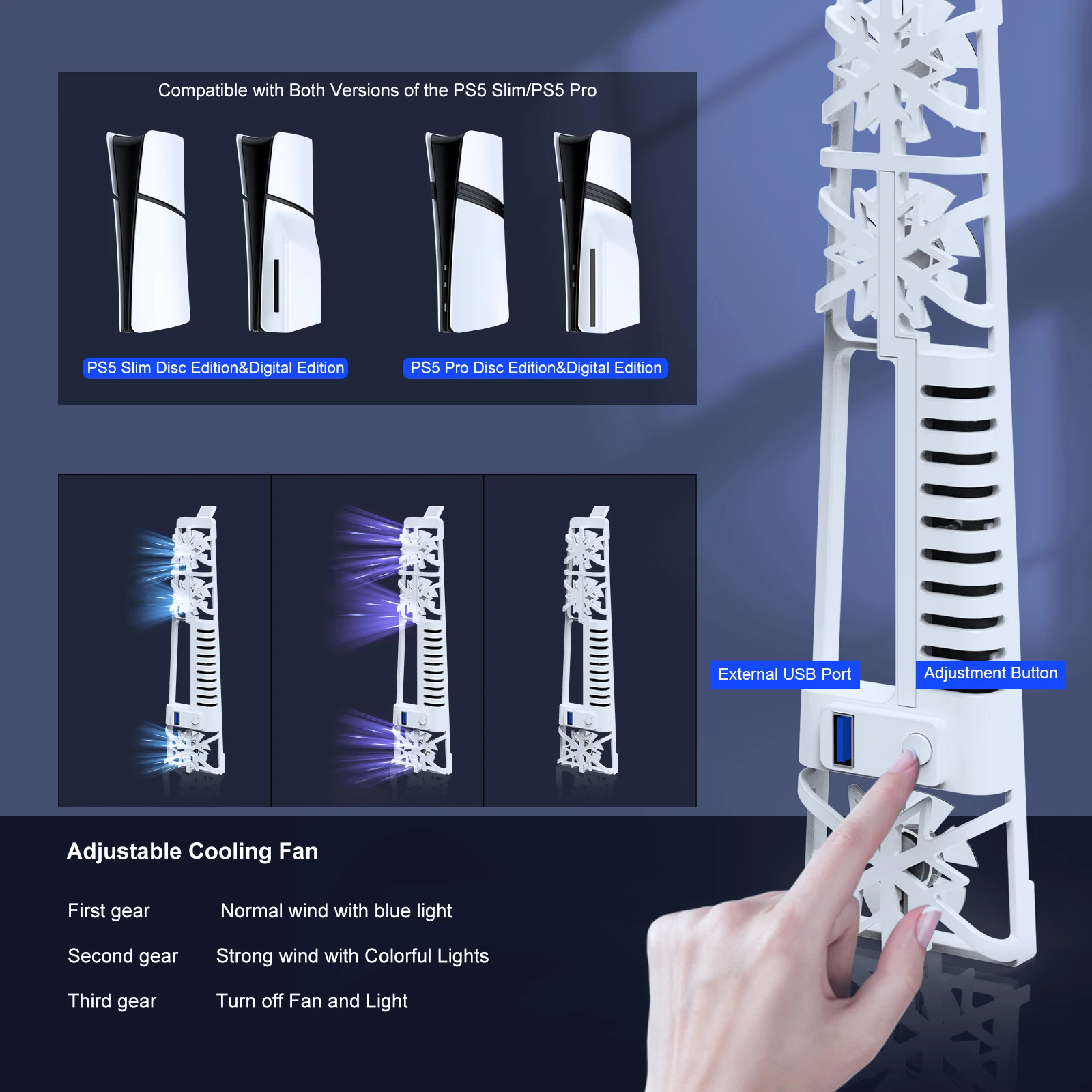 Cool Gaming Silent Fan P5175 for PS5 Slim with Multi -Color RGB Colorful Light Mode&3 Lamp Turbocharged