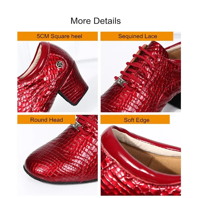 Women's Leather Modern Square Dance Shoes Soft Bottom Fashion Latin Sports Teacher Black Red Middle Heel Dance Teacher Shoes 5