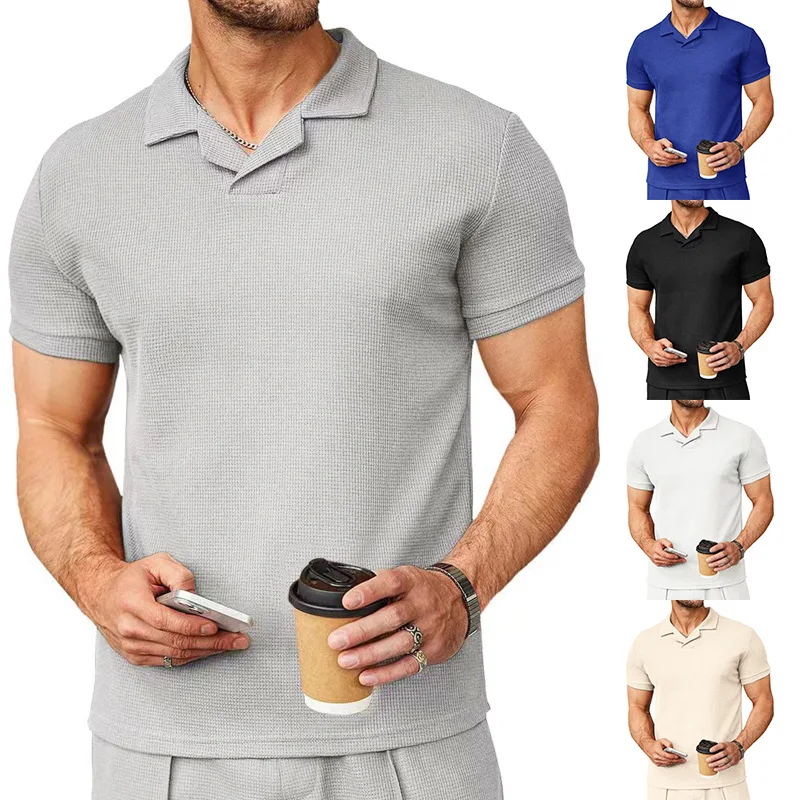 

2023summer New Wafflevcollarpoloshirt Lapel Cool Short-sleeved Men's Shirt Casual Fashiontt-shirt