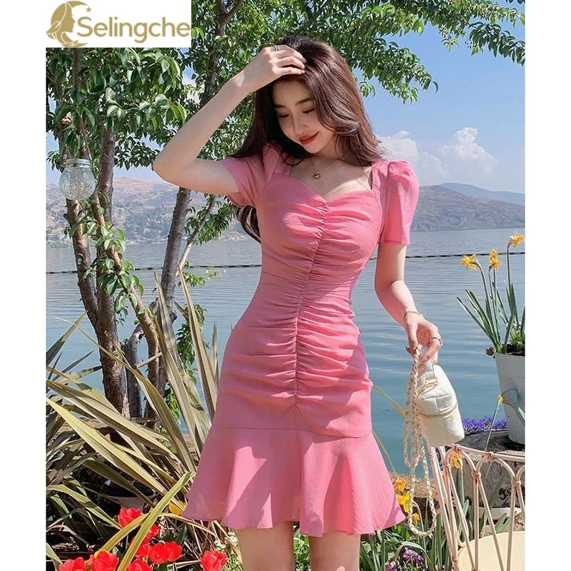 

2024 Summer New Style Slim Fit Show Figure Fishtail Wrapped Hip Dress Sexy Hong Kong Flavor Ruffled Pink Short Skirt