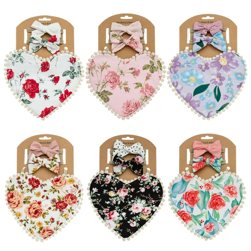 

Lovely Baby Heart-Shape Bibs with Bow Bow Headband Floral Print Saliva Towel Burp Cloth Cotton Newborn Shower Gift