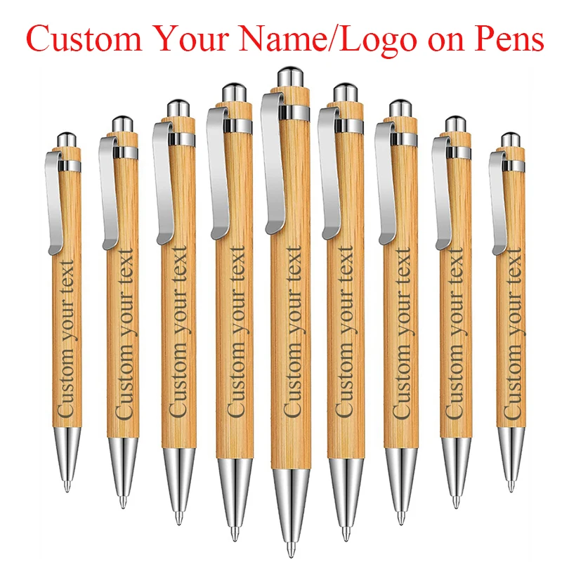 Personalized Bamboo Ballpoint Pen Custom Name Text Logo Black Ink Office School Writing Stationery Business Signature Pen