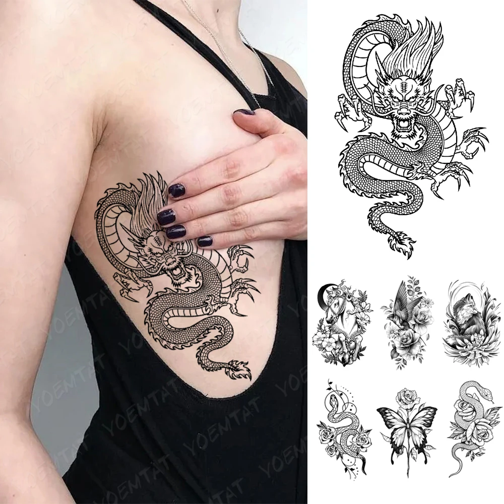 Waterproof Temporary Tattoo Sticker simple line dragon snake Flash Tattoos Gothic Y2K Body Art Arm Fake Tatoo Men Women