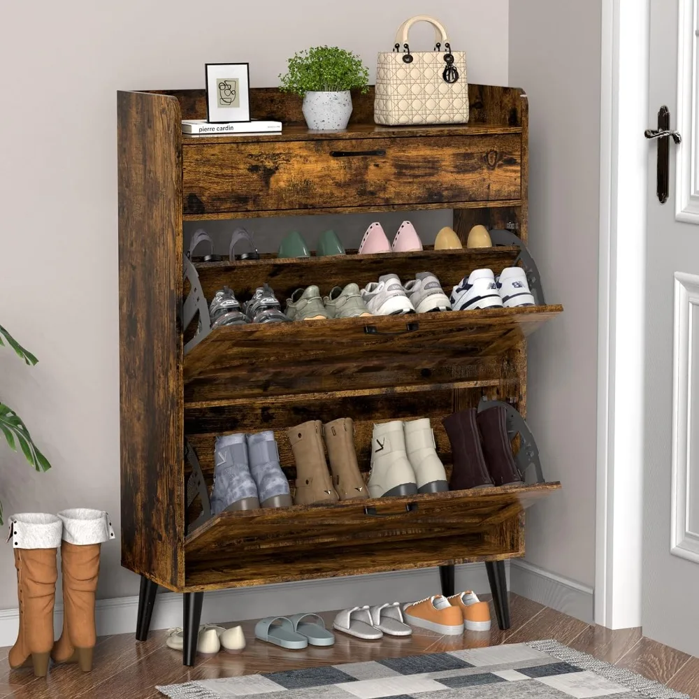 

Shoe Storage Cabinet, 2 Flip Drawers & Top Drawer Shoe Cabinet for Entryway, Freestanding Shoe Organizer Cabinet with Metal Legs