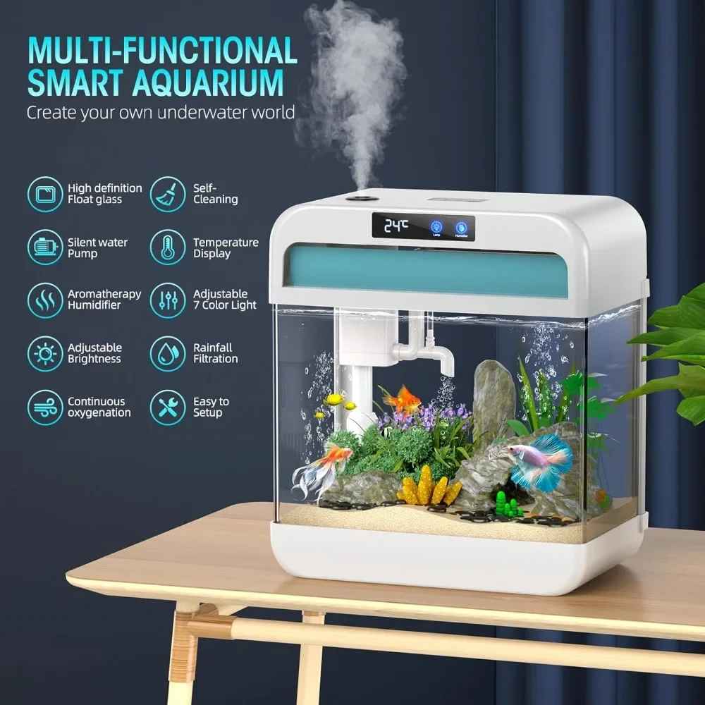 Fish Tank Aquarium 2.2 Gallon with Humidifier 7 Color Auto-Looping Light Self Cleaning 3 in 1 Pump with Filteration & Oxygenatio 2