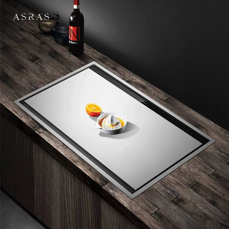 ASRAS Hidden Island kitchen Sink 304 Stainless Steel 4mm Thickness Single Flip Cover Hidden Large Size Handmade Brushed Sinks 2