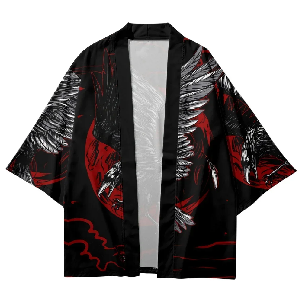 Fashion Crow Print Cardigan Kimono Harajuku Women Men Yukata Female Japanese Streetwear Traditional Haori Samurai Clothing Robe japanese kimono japanese kimono cardigan japanese kimono shirt