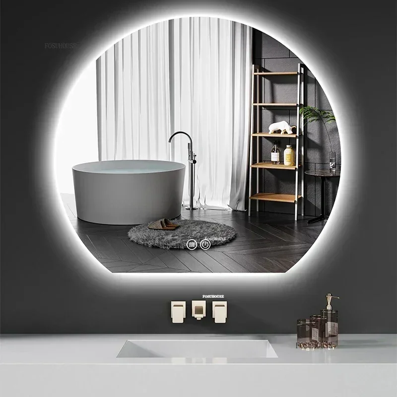 กระจกห้องน้ําอัจฉริยะครึ่งวงกลม กระจกแต่งหน้ารูปทรงพิเศษ กระจก LED มัลติฟังก์ชั่นสําหรับโต๊ะเครื่องแป้งห้องนอนห้องน้ํา 1