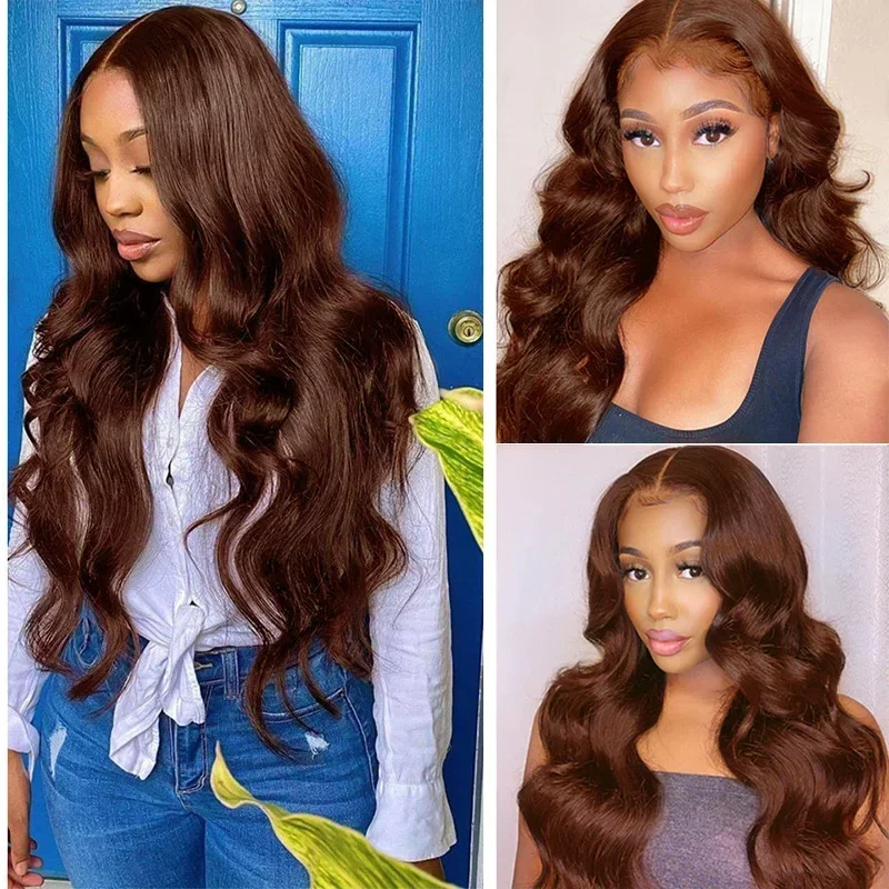 Body Wave Chocolate Brown 13X4 Lace Front Wigs 180% Density Colored Synthetic Dark Brown Lace Front Wig For Black Women images - 6