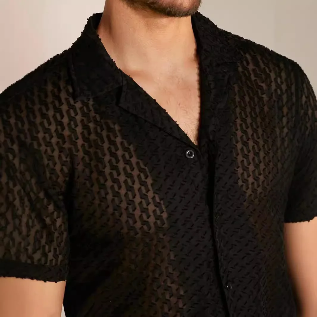 Mens Fashion Hollow Out Jacquard Mesh Shirt Short Sleeve Lapel Button Sheer Sexy Summer Breathable Casual Party Streetwear Tops