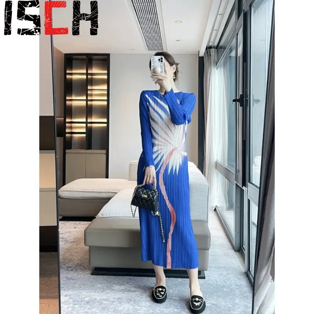 

Miyake Pleated Spring Women's Flower Printed Hundred Pleated Long Dress Women's Elegance and High Sense Dress Women 2024 New