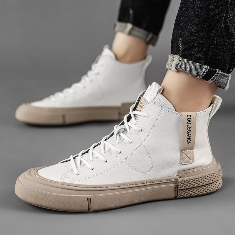

Mens Casual Shoes Luxury Brand High Top Leather Men's Shoes Genuine Leather White Men Sneakers High Quality Outdoor Male Boots