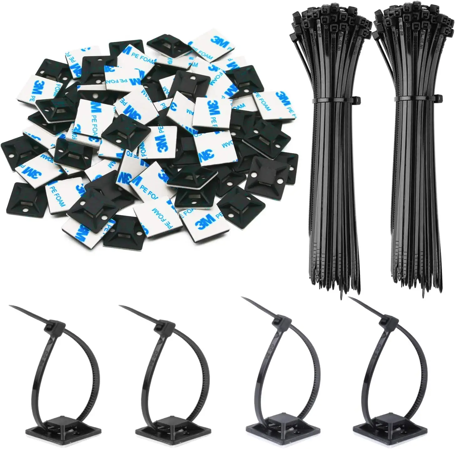 100pcs Self-Locked NYLON CABLE Tie + ไนลอนพลาสติก 3M Self กาวลวดซิปคงที่ผู้ถือที่นั่งสาย Tie Mount ฐาน 1
