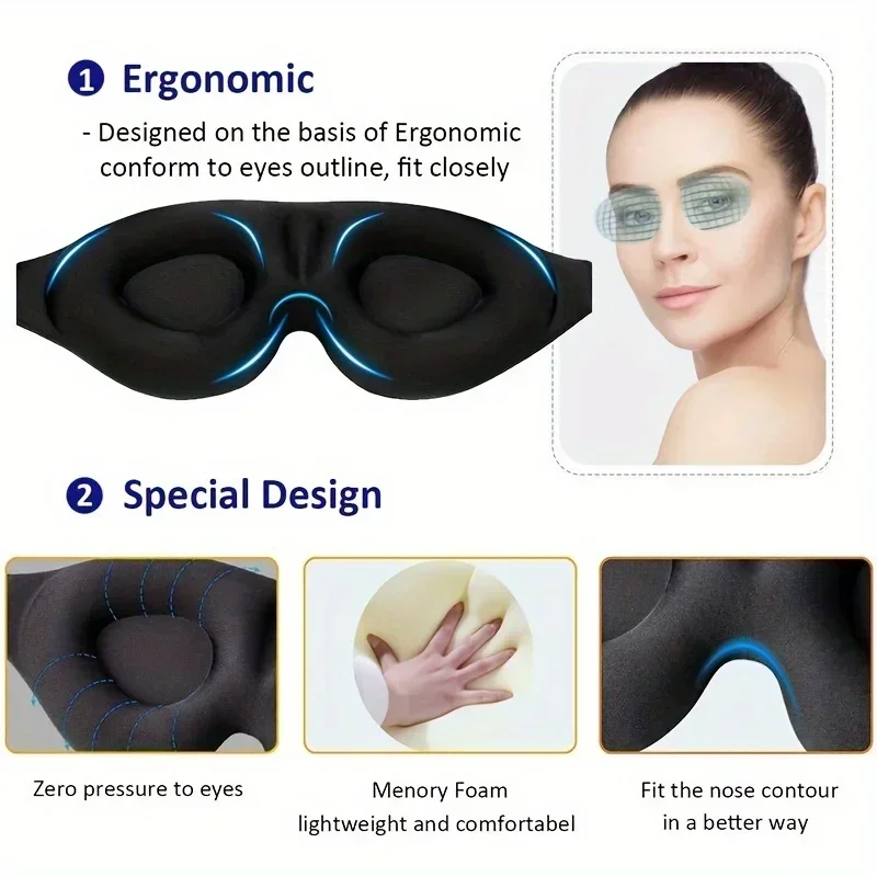 3D Contoured Sleep Eye Mask for Men & Women - Soft,  Soothing Comfort Eye Shade Cover for Travel, Yoga, Nap - Black