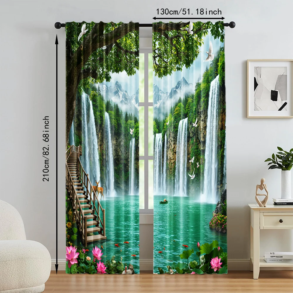 2pc, Party Window Curtains Forest waterfall pattern Fabric,Without Electricity Birthday Party Applies to aesthetic room decor 5