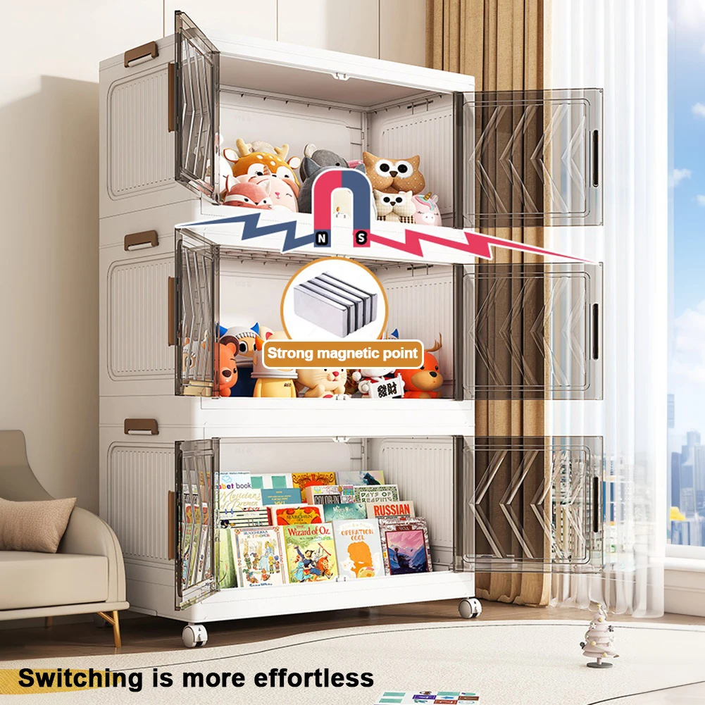 4 Tier Plastic Storage Containers with Doors & Wheels Foldable Organization Folding Storage Boxes for Living Room Bedroom Office 4