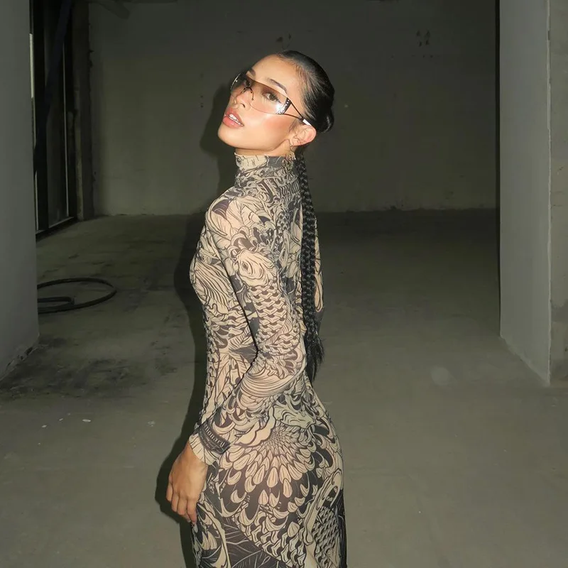 Nibber Women's Elegant O-neck Body Printed Maxi Dress Full Sleeves Body-shaping Robe Dresses Lady Evening Attirewear Vestidos