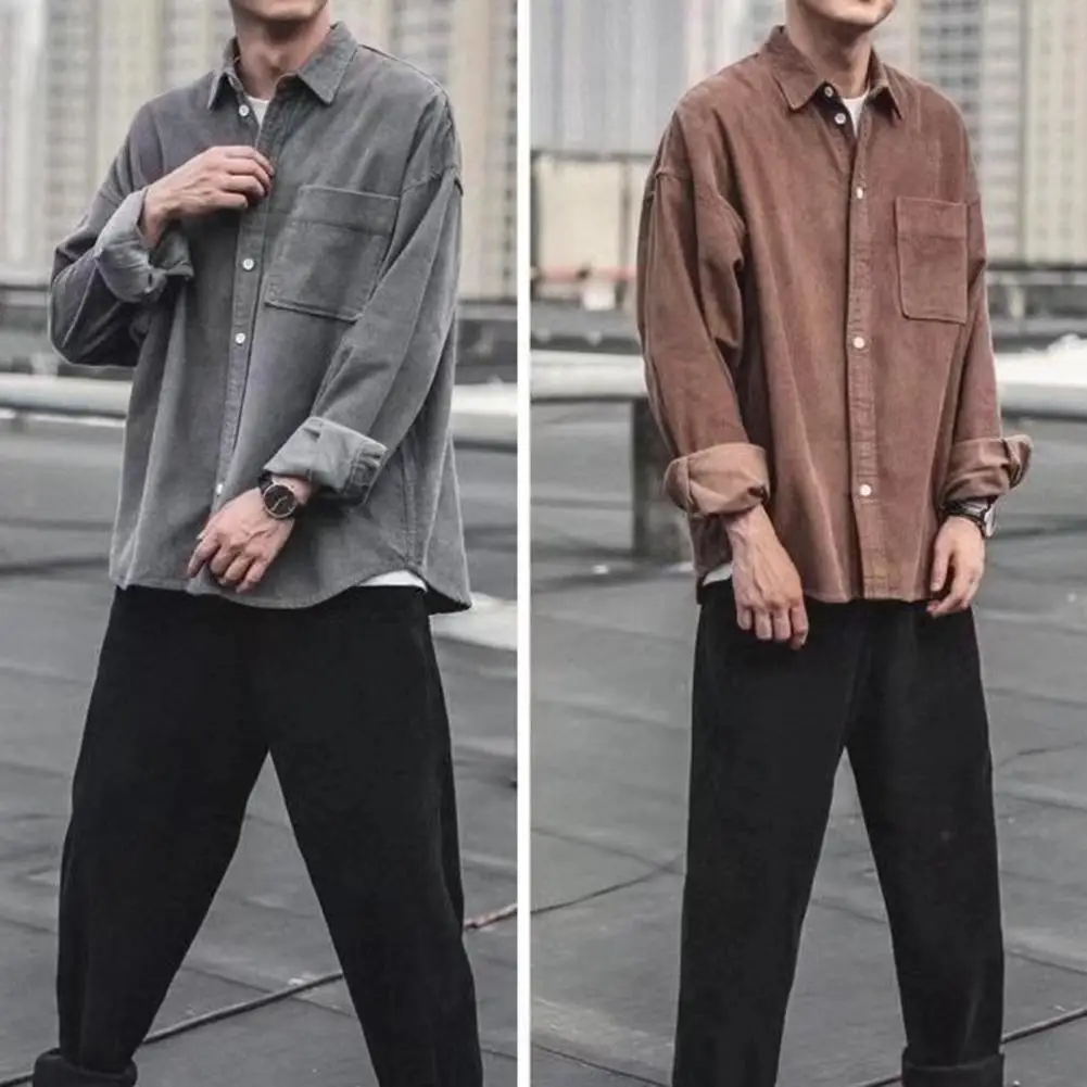 Men Autumn Shirt Loose Long Sleeves Lapel Corduroy Vintage Thermal Korean Style Casual Solid Color Spring Coat Male Clothes