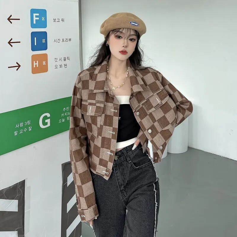 ZOUXO Women Jacket 2023 Spring Autumn Vintage Plaid Denim Jacket Versatile Loose Short Coat